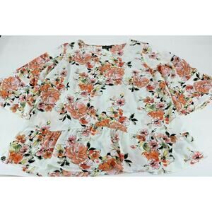 I.N Studio White Floral Business Career Blouse Bell Sleeves Women's Size 1X